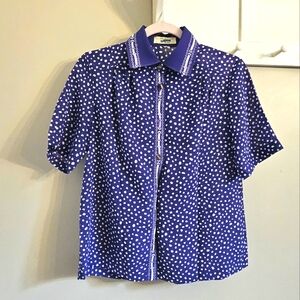 vintage Japanese crepe short sleeve blouse shirt sz Medium polka dot purple 80s